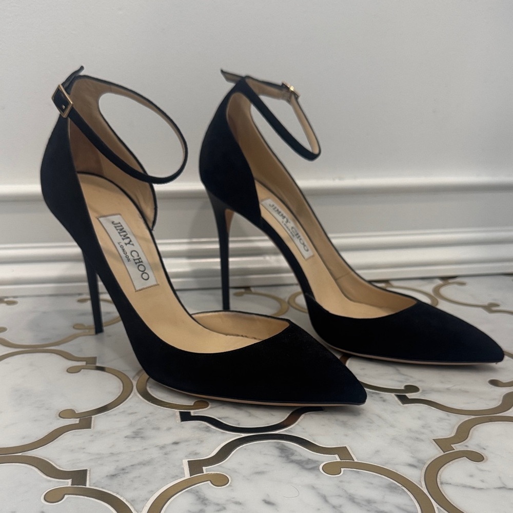 Jimmy Choo Black Suede Lucy Ankle Strap Pointed Toe D'orsay Pumps